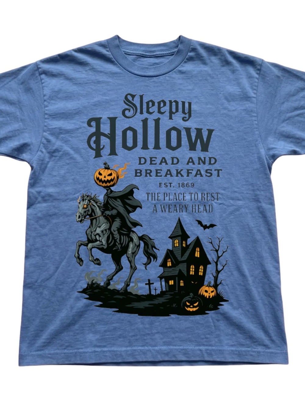 Gildan Blue Sleepy Hollow Dead and Breakfast Graphic Tee, Gift For Her, For Him